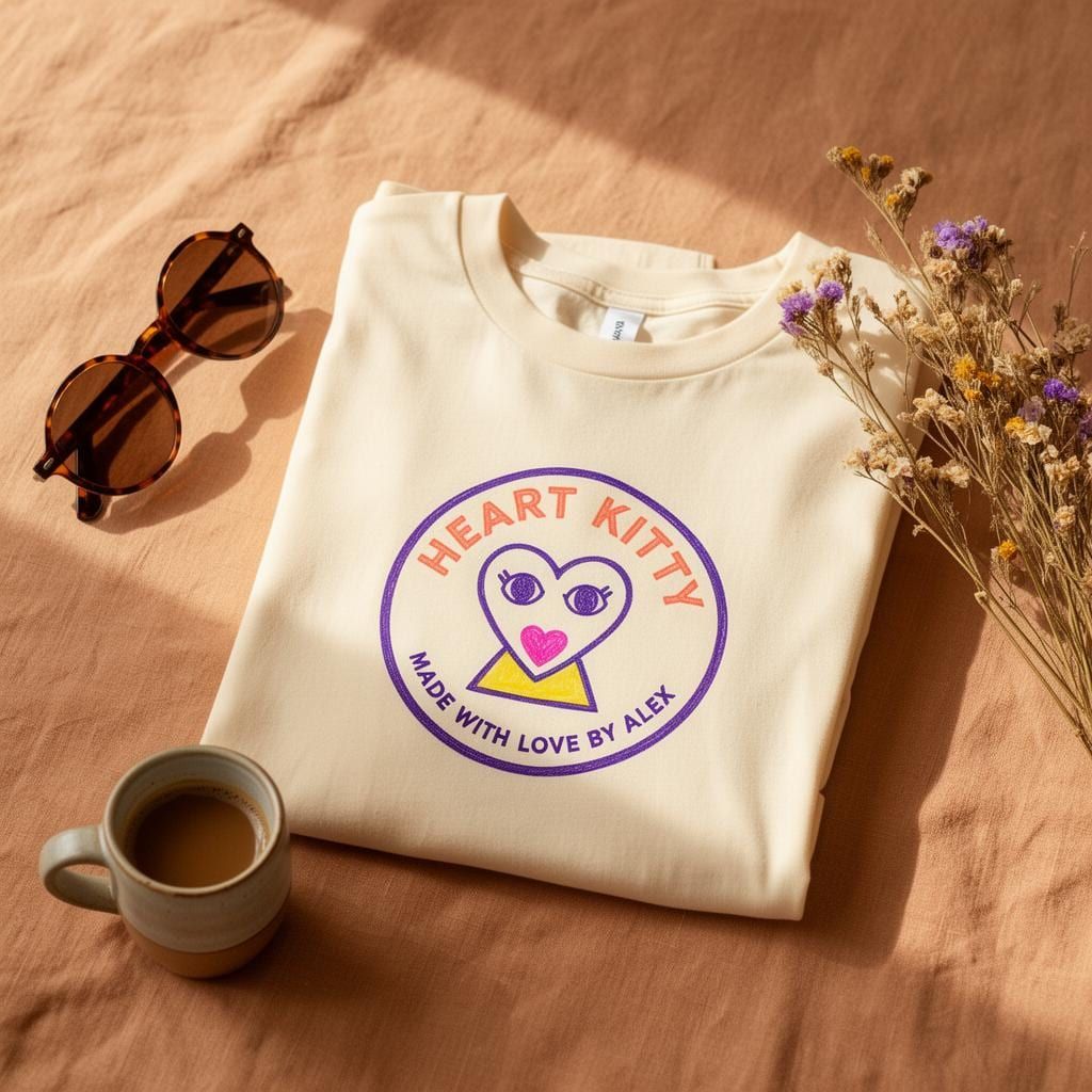 Heart Kitty Badge Tee in Natural — close-up detail 2