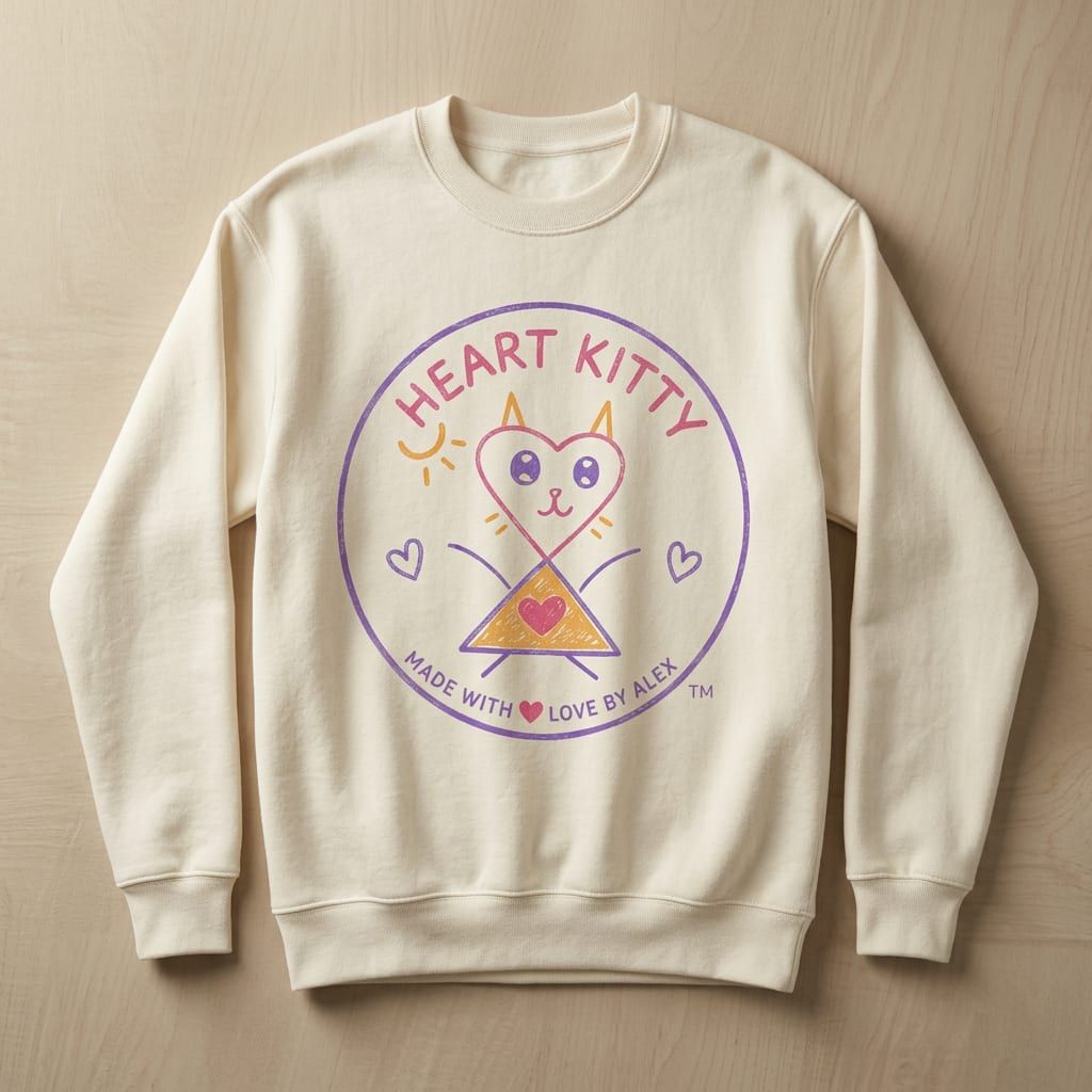Made With Love Crewneck in Natural — front view of original Heart Kitty cat artwork by Alex