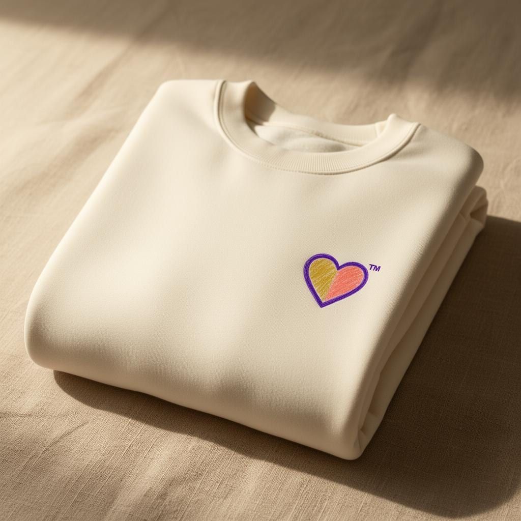 Heart Crewneck in Natural — front view of original Heart Kitty cat artwork by Alex